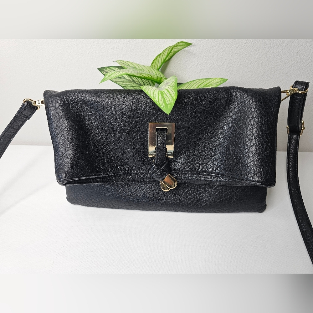 SR Squared by Sondra Roberts Black Faux Leather Foldover Crossbody Clutch Bag